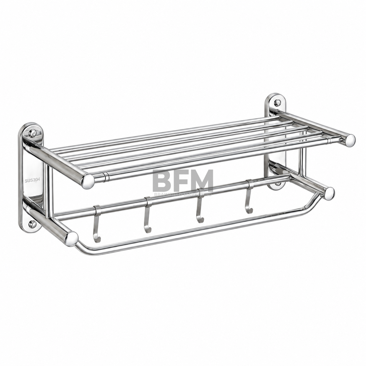 Stainless Steel Wall-Mounted Towel Rack with Shelf and Hanging Bar