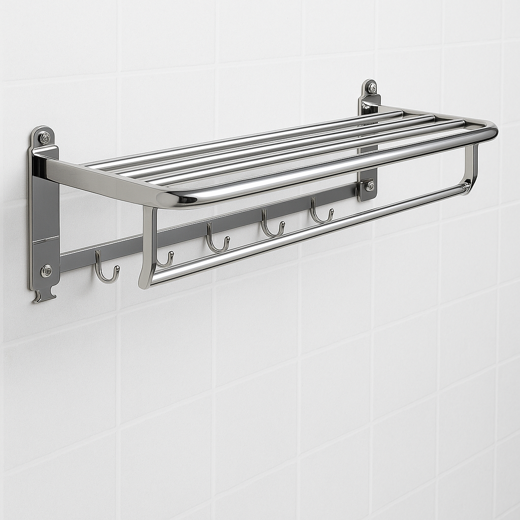 Stainless Steel Wall-Mounted Towel Rack with Shelf and Hanging Bar