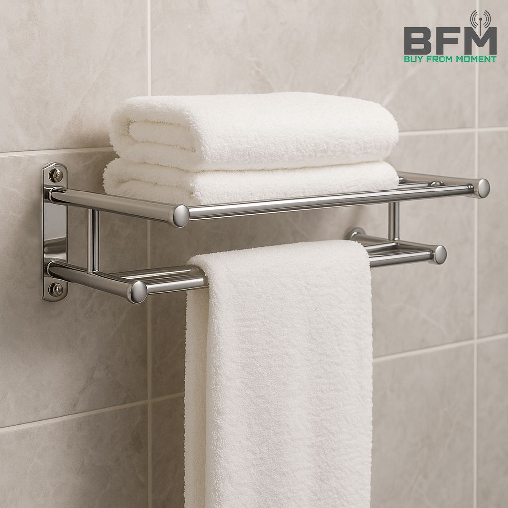 Stainless Steel Wall-Mounted Towel Rack with Shelf and Hanging Bar