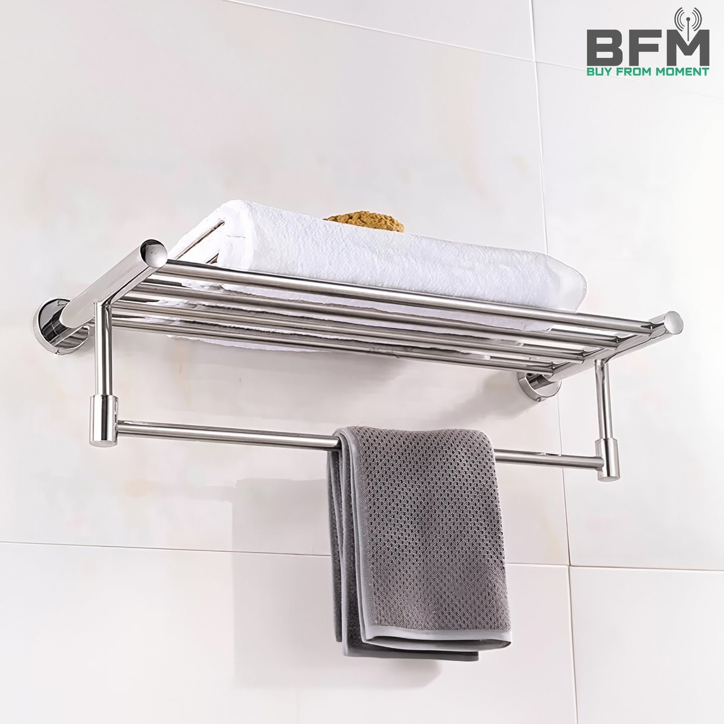 Stainless Steel Wall-Mounted Towel Rack with Shelf and Hanging Bar