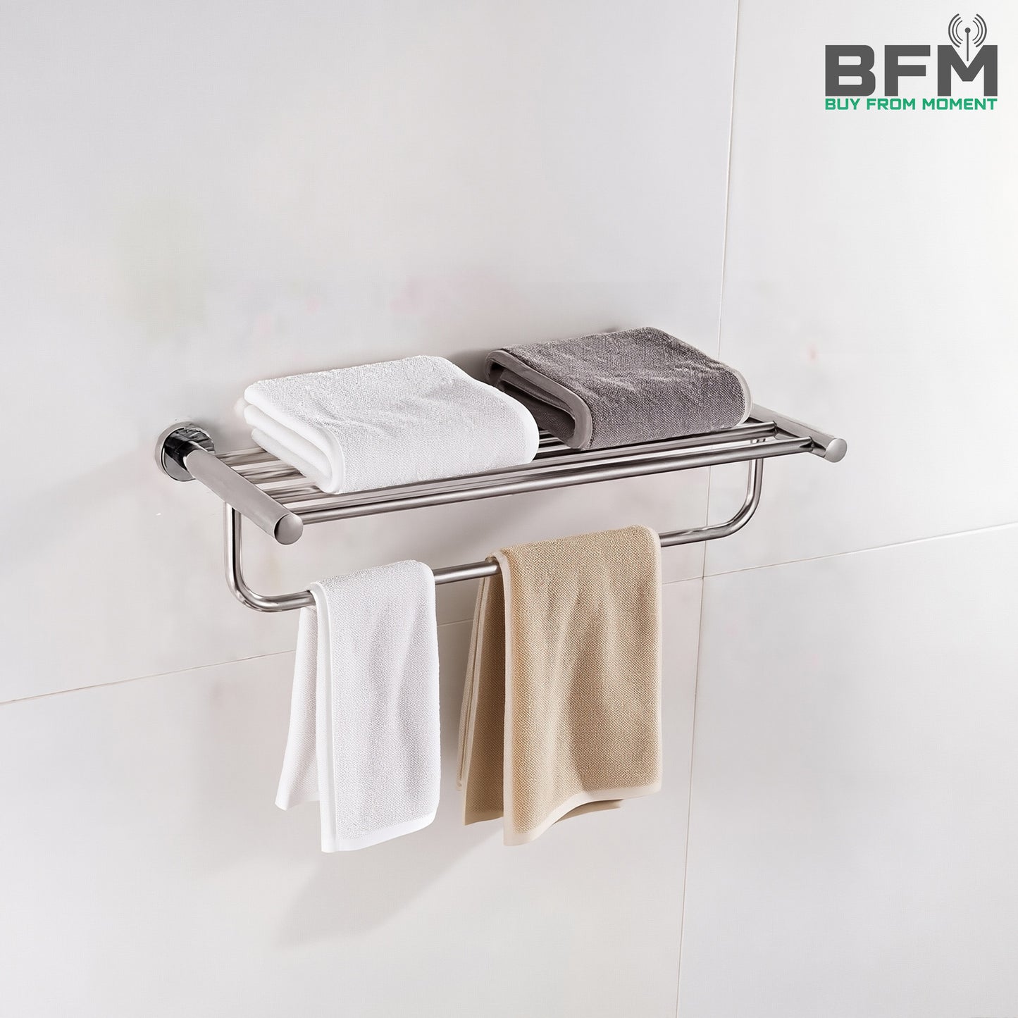 Stainless Steel Wall-Mounted Towel Rack with Shelf and Hanging Bar