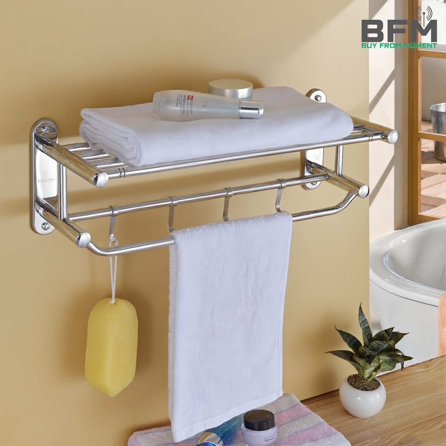 Stainless Steel Wall-Mounted Towel Rack with Shelf and Hanging Bar